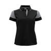 A women's black and grey polo shirt with short sleeves and a collar, featuring a logo.