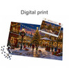 A jigsaw puzzle displaying a festive Christmas scene with a decorated tree and holiday lights, featuring an accompanying box.