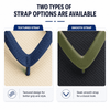 A close-up of two types of straps for thongs: one textured in navy and one smooth in olive green.