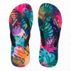 Colourful rubber thongs featuring a tropical leaf pattern in pink, green, and blue with black straps.