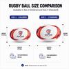 A rugby ball size comparison featuring a Size 3 children's ball in white and orange and a Size 5 standard ball.