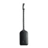A black luggage tag made of leather, featuring a braided attachment. It has a logo on its surface.