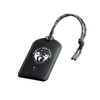 A black leather luggage tag with a grey braided cord, featuring a logo on the front.