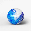 A soccer ball with a white base and blue abstract designs, featuring a logo on the surface.