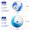 A standard size 5 soccer ball in white with blue design accents, featuring a logo. Diameter is 21.5 cm.