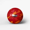 A soccer ball with a red and orange patterned design featuring a logo on it.