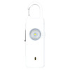 A white safety alarm keychain featuring a circular light and a carabiner hook for easy attachment.