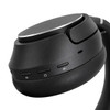 Black headphones featuring control buttons and a sleek design with a metallic accent. Includes a logo on the side.