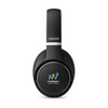 Black headphones with a circular design featuring a logo on one ear cup and a branding label on the headband.