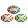 Three AFL training balls in vibrant designs of orange, teal, yellow, blue, green, and white, featuring logos.
