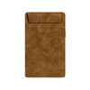 A brown A5 magnetic clipboard with a textured finish and a flap closure. It features a branding logo.