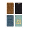 A5 magnetic clipboards in brown, black, blue, and teal, each with different designs and a logo.