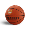 A promotional basketball in orange with a textured surface and a logo. Features black text along the bottom.