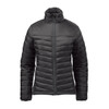A women's thermal jacket in black, featuring a zip front and a stylish chevron design. It has a high neck and a branding logo.