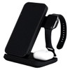 A black 3 in 1 wireless charger featuring a phone stand, an Apple Watch holder, and a space for earbuds.