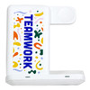 A white 3 in 1 wireless charger featuring a colourful design and a logo on the surface.