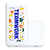 A white wireless charger with colourful abstract designs and the word "TEAMWORK" prominently displayed.