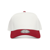 A two-tone cap featuring a white front and a red visor. The cap has a logo on the front panel.
