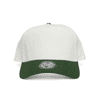 A two-tone cap featuring a white crown and a dark green peak, with a brand logo on the front.