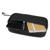 A black tech pouch with a smartphone, a pen, and a notebook inside. It features a zipped closure and a carry handle.