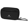 A black recycled tech pouch with zippered compartments and an external pocket, featuring a logo.