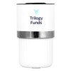 A drink bottle with a white exterior, silver band, and a logo. It features an insulated design for temperature retention.