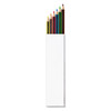 A colouring pencil set of six, featuring yellow, red, blue, green, black, and brown pencils, in a white box with a logo.
