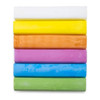 A set of assorted sidewalk chalk featuring white, yellow, orange, pink, blue, and green pieces stacked together.