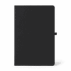 A black A5 notebook with a smooth cover and a closure strap, featuring a logo on the front.