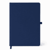 A navy A5 smart notebook featuring a smooth cover and a secure closure. It includes a logo on the front.