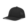 A black cap with perforated panels, featuring a curved brim and an adjustable back, along with a logo.