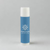 A cylindrical lip balm tube in light blue featuring a white cap and a logo.