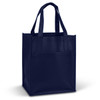 A navy blue pocket shopping bag with sturdy handles and a front pocket, featuring a logo.