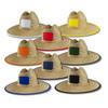 A collection of straw beach hats in various colours, each with a square area for branding.