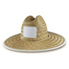 A straw beach hat with a wide brim, featuring a white logo area on the front. Natural straw colour with a white trim.