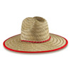 A large straw hat with a wide brim and a red trim around the edge, featuring a braided band.