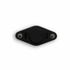A black fidget spinner featuring a central disc and two spherical ends, with a sleek design and a logo.