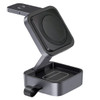 A black 3-in-1 wireless charging station with a magnetic design for devices, featuring a sleek and modern appearance.