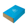 A blue box with a geometric design and branding is displayed. The box has a plain brown base.