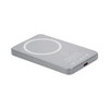 A grey MagSafe wireless power bank with a circular charging area and a USB-C port. It has a branding logo.