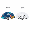 A plastic hand fan featuring a colourful front design with blue and vibrant patterns and a plain white back.