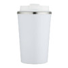 A drink bottle featuring a white exterior with a stainless steel lid and a logo. Double wall vacuum design.