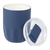 A drink bottle featuring a navy blue exterior, ceramic liner, and a transparent lid. It has a logo on the surface.