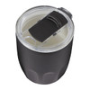 A drink bottle featuring a matte black exterior and a clear lid, designed with a ceramic liner and a logo.