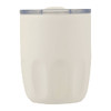 A drink bottle in a cream colour with a transparent lid and a branding logo on the side.