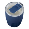 A drink bottle with a navy blue silicone exterior and a transparent lid featuring a sliding closure.