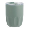 A drink bottle in matte sage green with a clear plastic lid and a textured design. It features a branding logo.