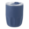 A drink bottle featuring a dark blue finish and a clear lid, with a smooth ceramic liner and a branding logo.