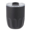 A drink bottle in matte black with a clear lid and a textured base, featuring a logo.