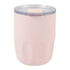 A drink bottle in a soft pink colour with a transparent lid and a logo on the side.